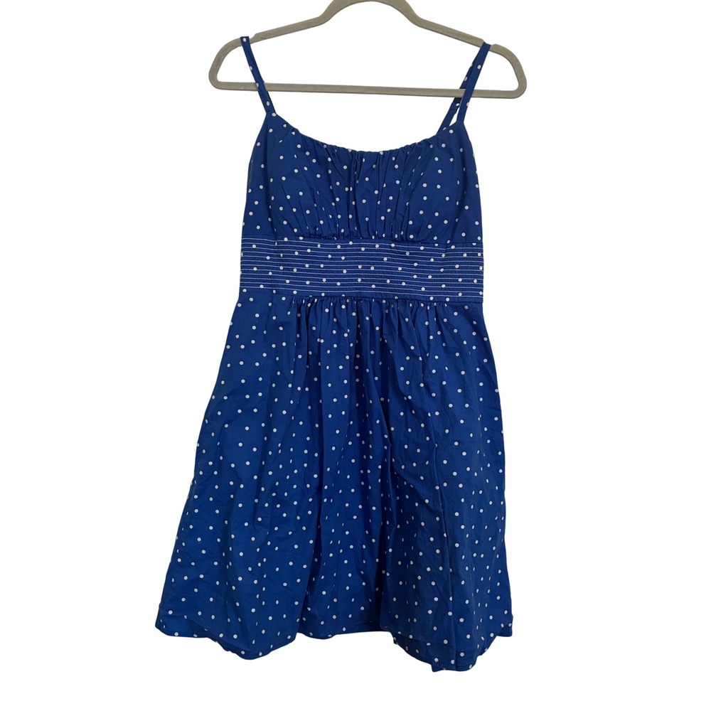 Vintage Pinup Polka Dot Sundress Women Size 8 Blue w/ White dots Rockabilly 60s
